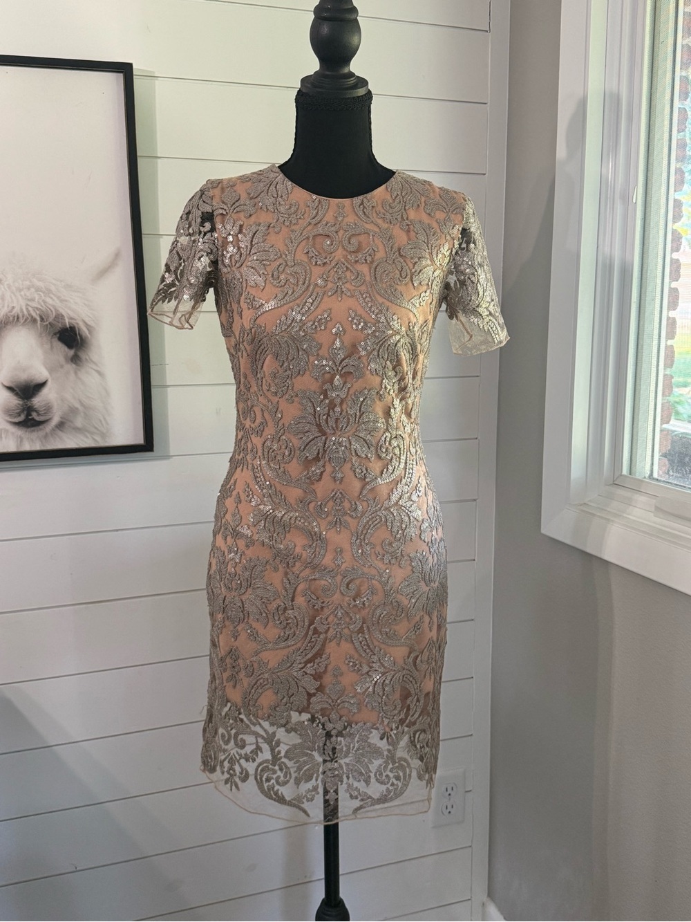 Dress the Population Silver Sequin Overlay Beige Mini Dress – Size XS – NWT